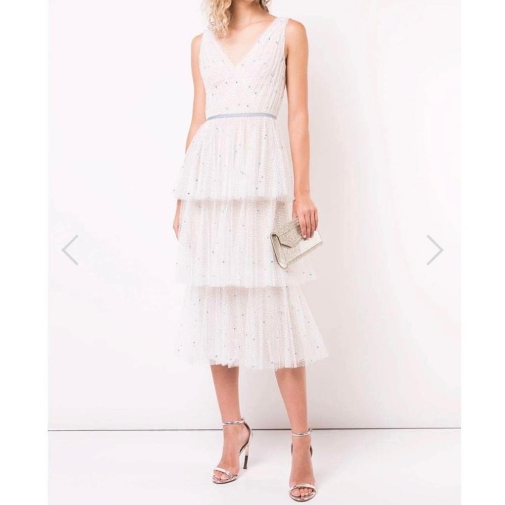 Marchesa Notte Sleeveless V-Neck Tulle Tea-Length Dress
